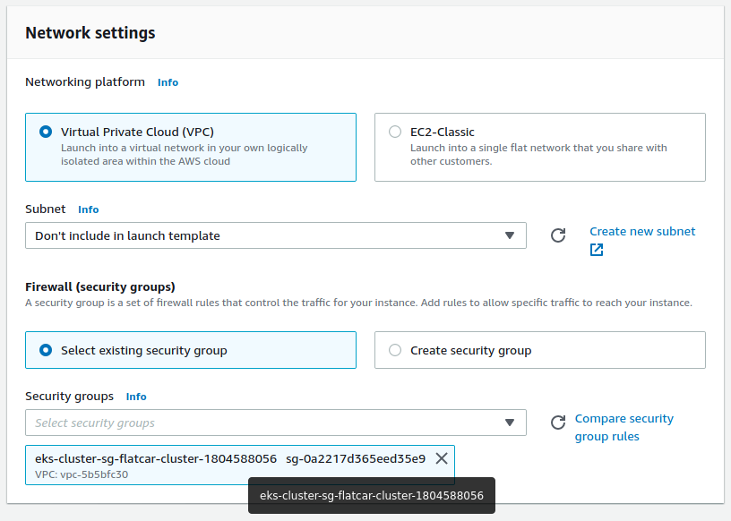 Capture of the AWS console, showing the Network settings fields that need to be filled