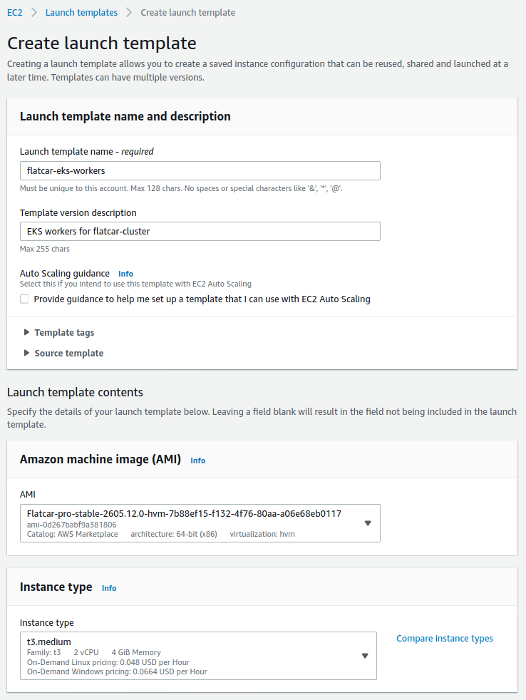 Capture of the AWS console, showing the first Launch Template fields that need to be filled